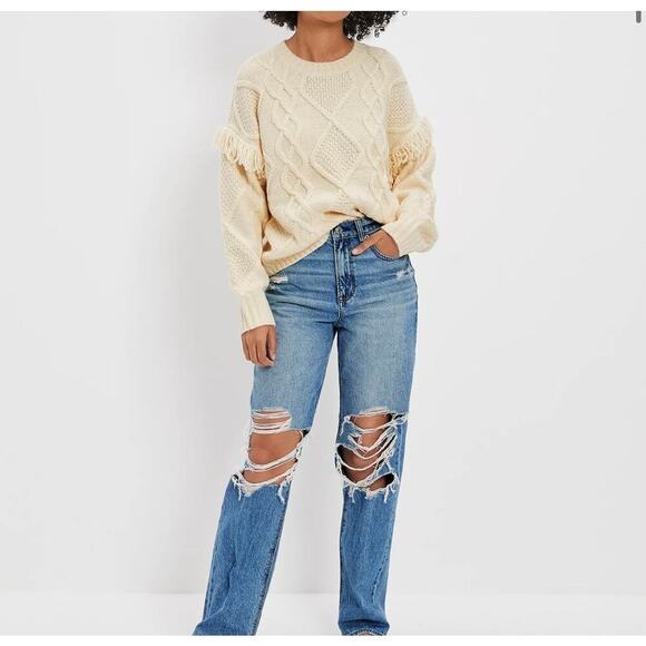 NEW NWT American Eagle Cable Knit Fringe Sleeve Sweater Cream size Small - Picture 2 of 9